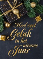 nieuwjaarskaart met gouden tekst en cadeaus